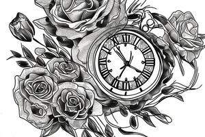 tiger eye on top broken clock with flowers tattoo idea