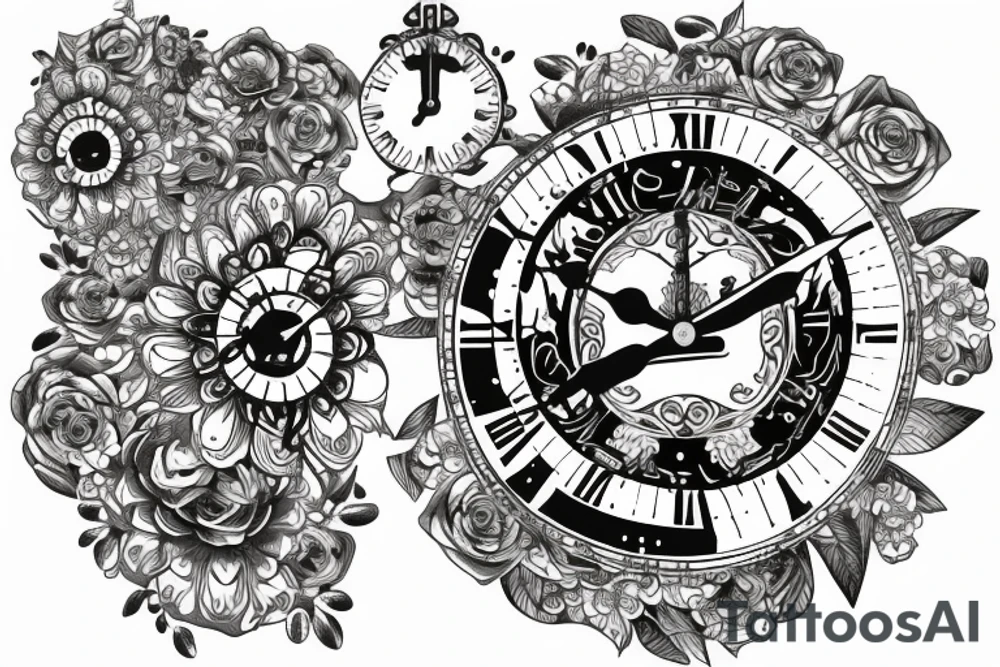 tiger eye on top broken clock with flowers tattoo idea