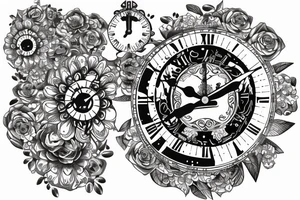 tiger eye on top broken clock with flowers tattoo idea