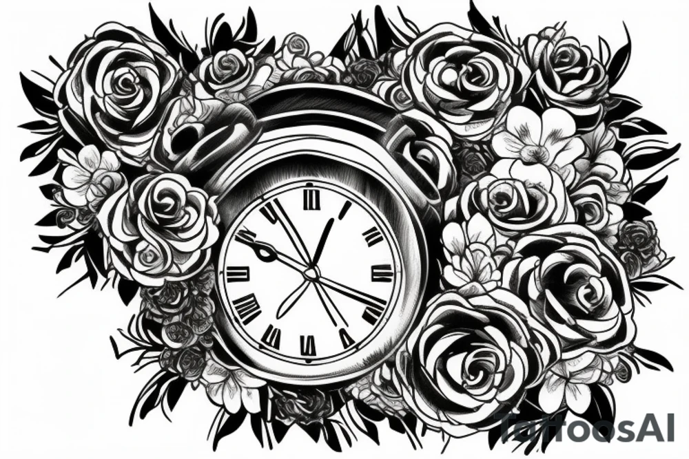 tiger eye on top broken clock with flowers tattoo idea