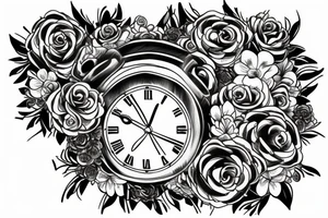 tiger eye on top broken clock with flowers tattoo idea