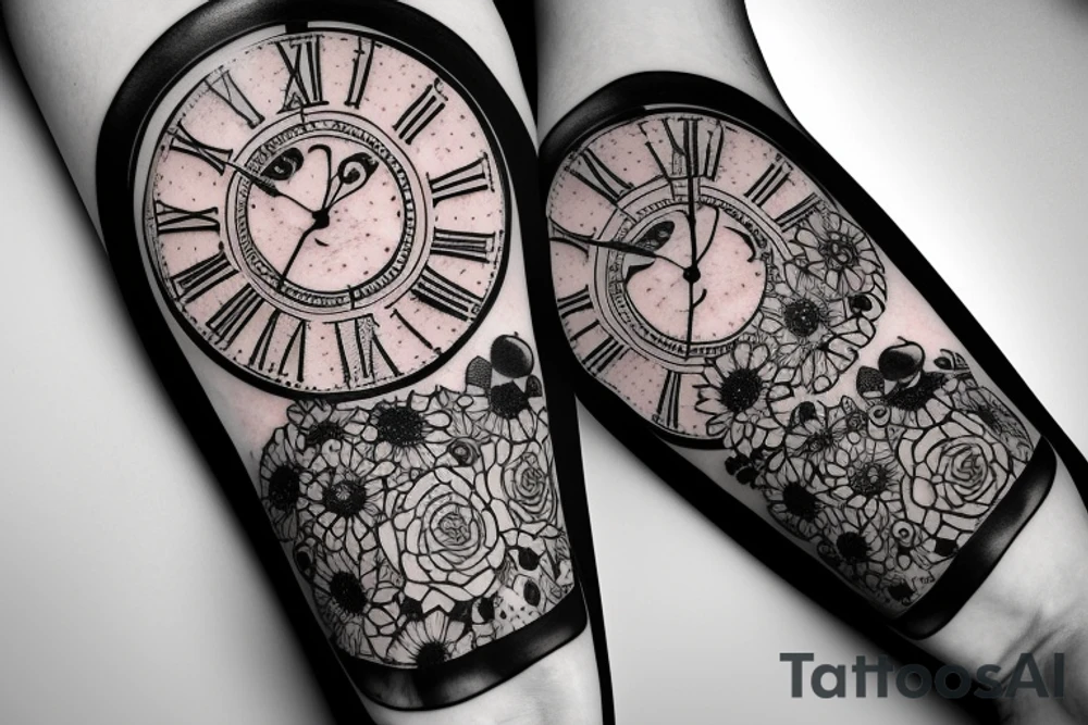 tiger eye on top broken clock with flowers tattoo idea
