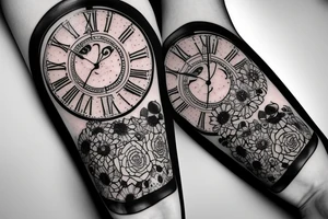 tiger eye on top broken clock with flowers tattoo idea