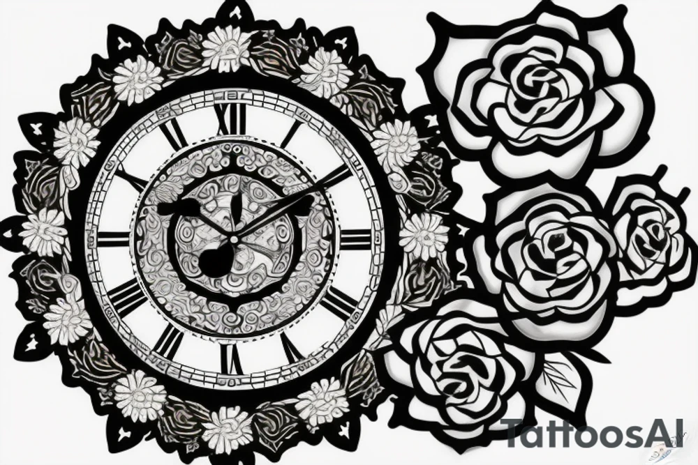 tiger eye on top broken clock with flowers tattoo idea