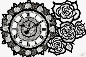 tiger eye on top broken clock with flowers tattoo idea