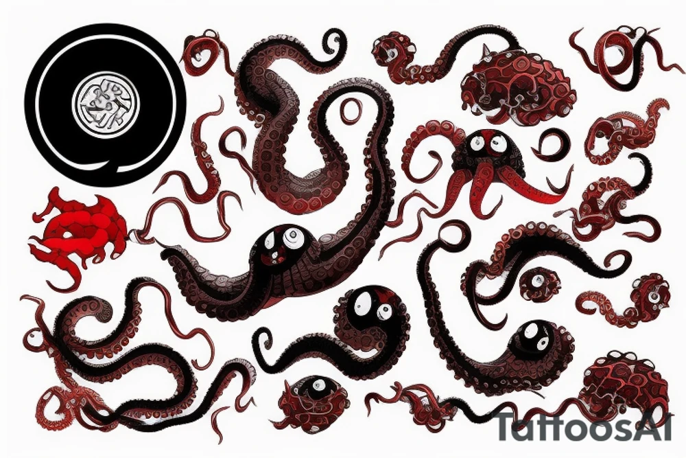 Red Octopus and black waves tattoo idea