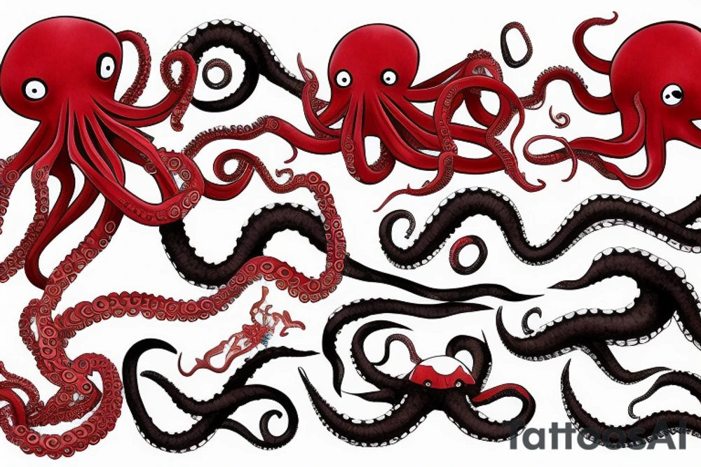 Red Octopus and black waves tattoo idea