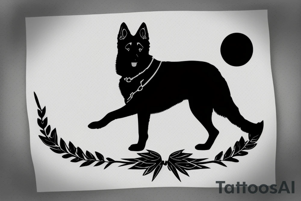 German shepherd black silhouette sitting on a black margin quarter moon tattoo idea