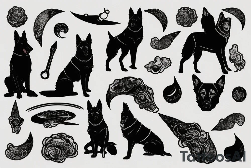 German shepherd black silhouette sitting on a black margin quarter moon tattoo idea