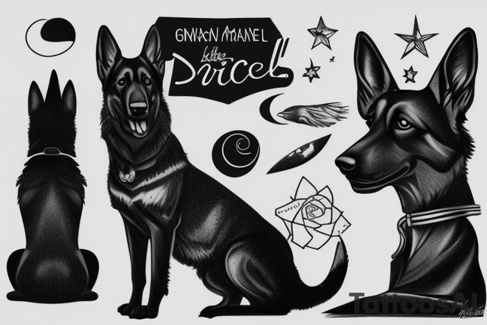 German shepherd black silhouette sitting on a black margin quarter moon tattoo idea