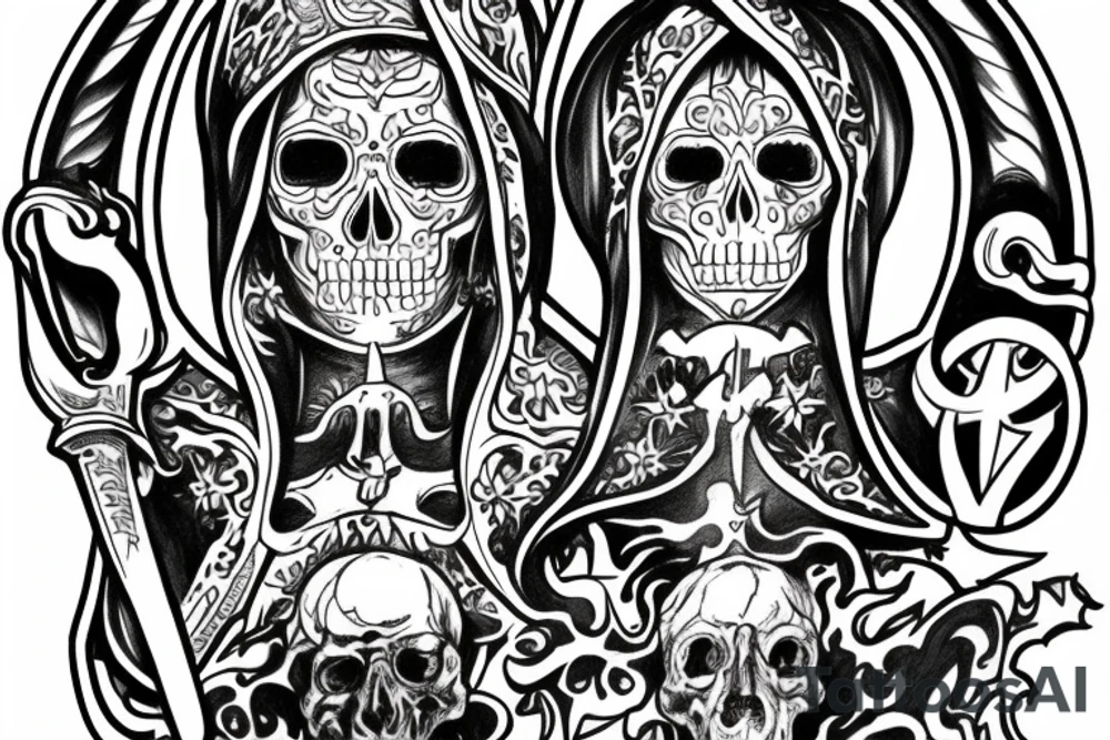 Santa Muerte tattoo with robes, scyth, and globe tattoo idea