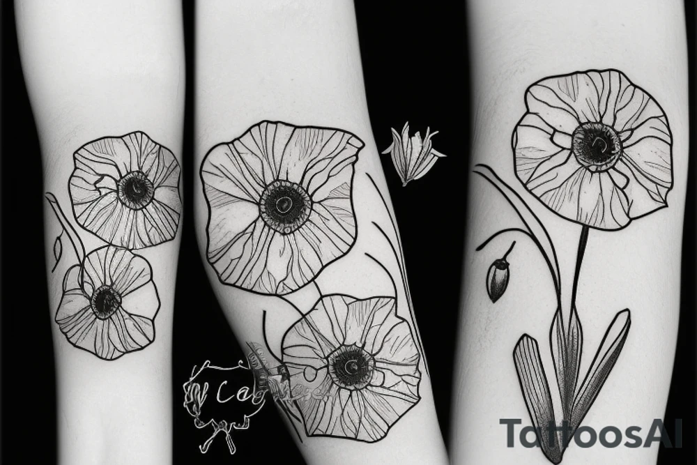 a sketch of a daffodil, a poppy, and an aster tattoo idea