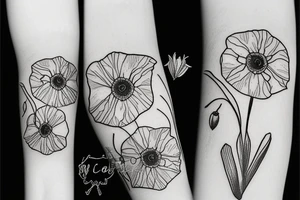 a sketch of a daffodil, a poppy, and an aster tattoo idea