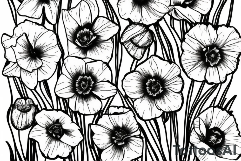 a sketch of a daffodil, a poppy, and an aster tattoo idea