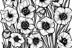 a sketch of a daffodil, a poppy, and an aster tattoo idea