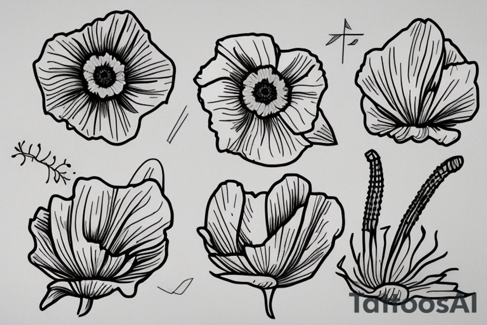 a simple outline of a daffodil, a poppy, and an aster tattoo idea