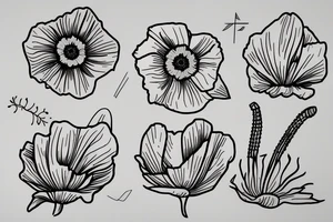 a simple outline of a daffodil, a poppy, and an aster tattoo idea
