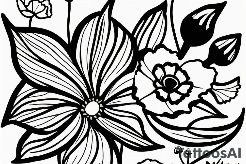 a simple outline of a daffodil, a poppy, and an aster tattoo idea