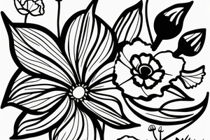 a simple outline of a daffodil, a poppy, and an aster tattoo idea