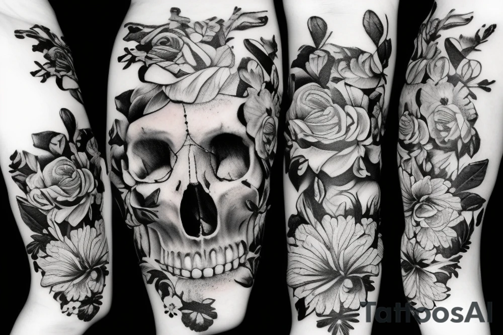 Femine skull with flowers tattoo idea