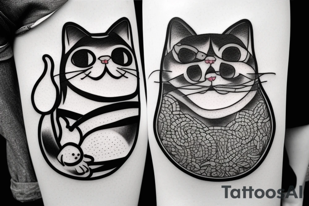 a fat cat tattoo with attitude, line art tattoo idea