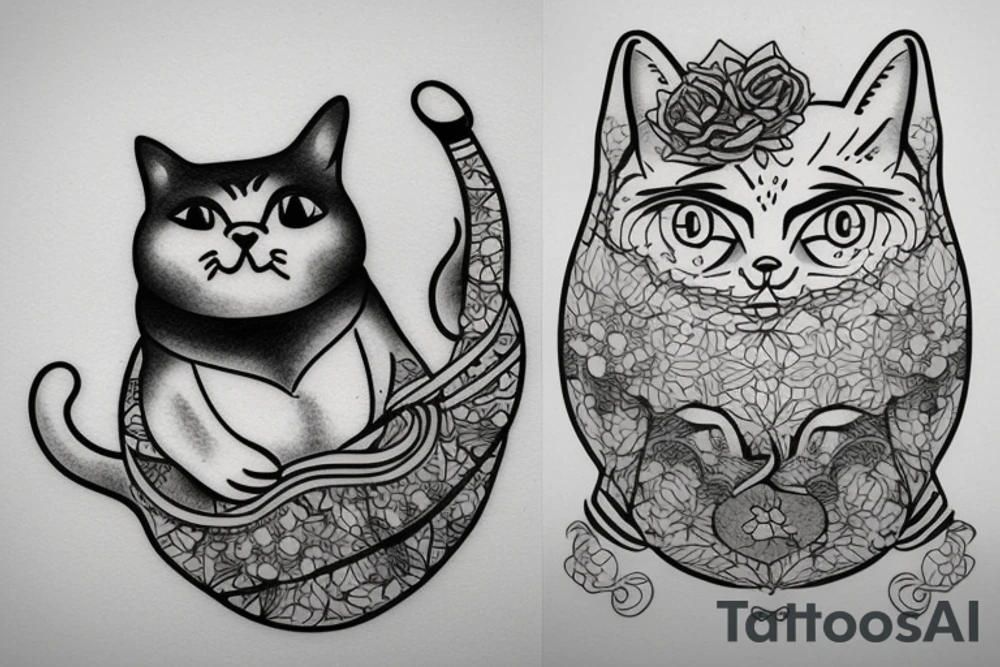 a fat cat tattoo with attitude, line art tattoo idea
