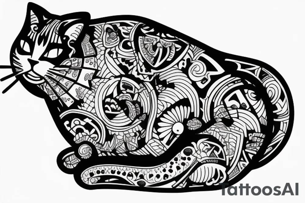 a fat cat tattoo with attitude, line art tattoo idea
