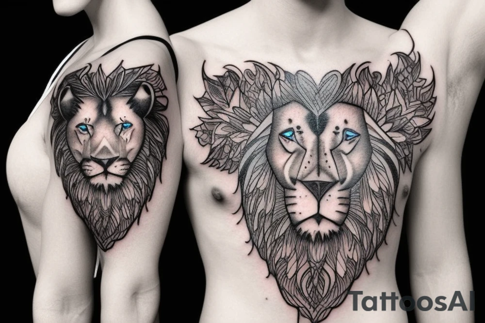a serotonin molecule tattoo with a black and white lion face in it with cyan colored eyes tattoo idea
