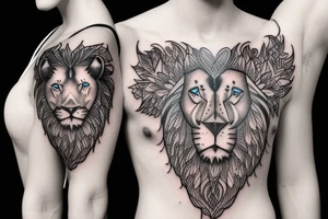 a serotonin molecule tattoo with a black and white lion face in it with cyan colored eyes tattoo idea