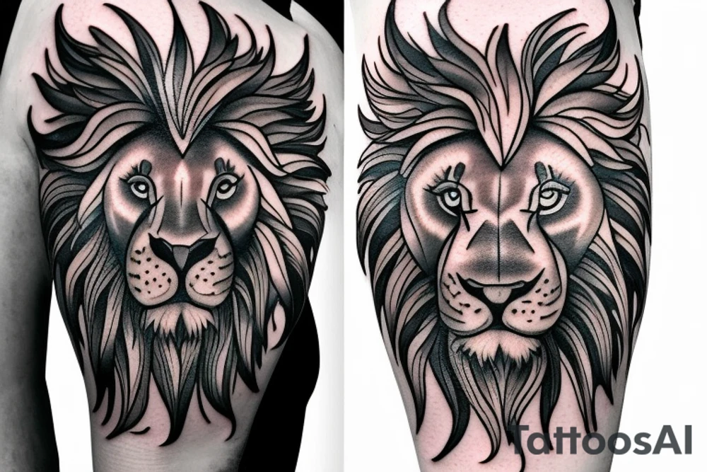 a serotonin molecule tattoo with a black and white lion face in it with cyan colored eyes tattoo idea