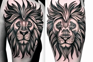 a serotonin molecule tattoo with a black and white lion face in it with cyan colored eyes tattoo idea