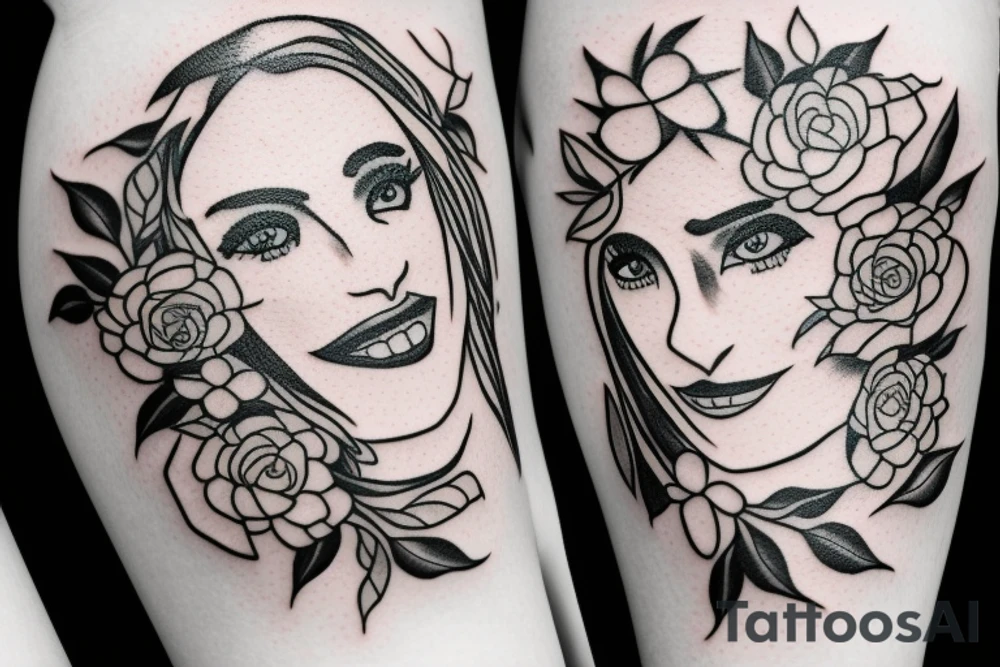 woman smiling face with flowers tattoo idea