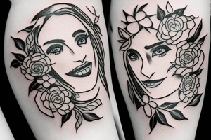 woman smiling face with flowers tattoo idea