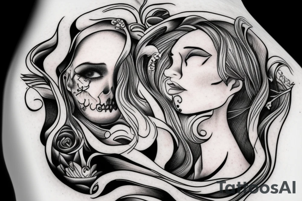 Half a surreal human head depicted with an over flow of emotions tattoo idea