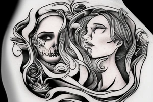 Half a surreal human head depicted with an over flow of emotions tattoo idea