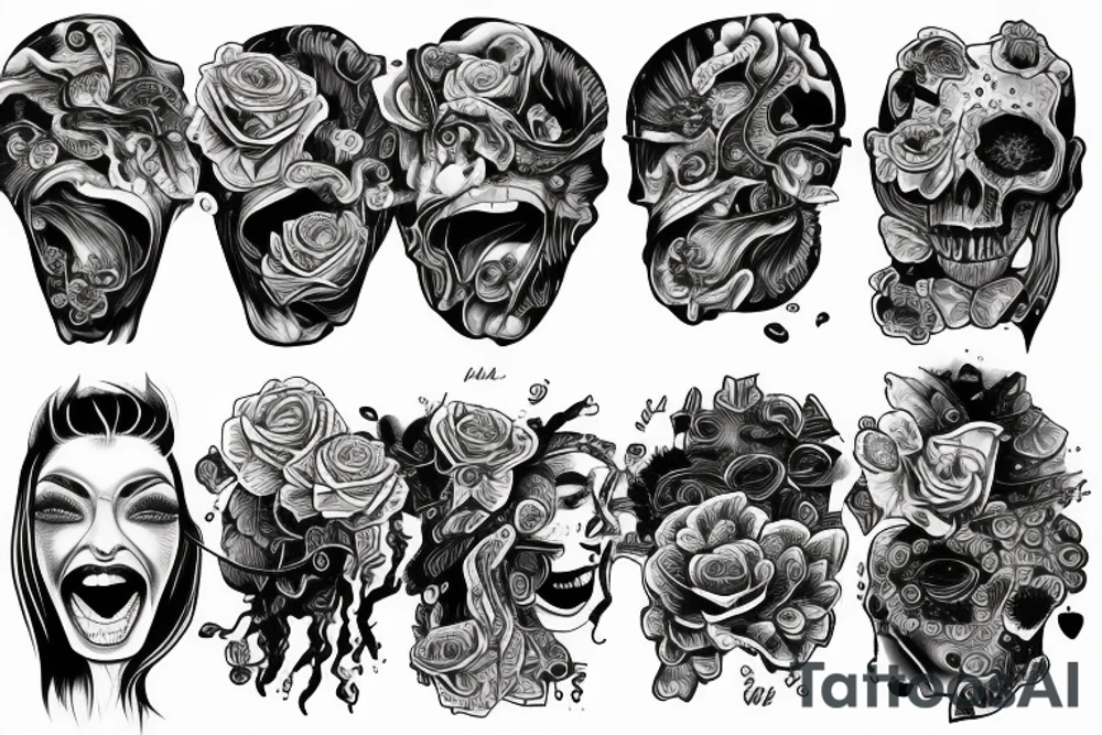 Half a surreal human head depicted with an over flow of emotions tattoo idea