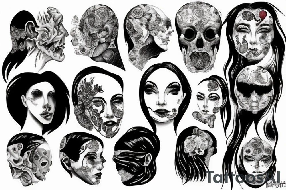 Half a surreal human head depicted with an over flow of emotions tattoo idea