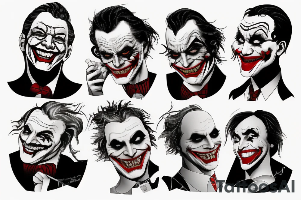 The face of the Joker, who has a sad expression, below it is a mirror image of the face of a cheerful Joker, who is holding three cards. At the bottom, the inscription No Pain no Gain tattoo idea