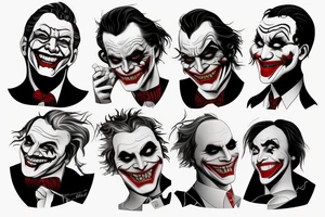 The face of the Joker, who has a sad expression, below it is a mirror image of the face of a cheerful Joker, who is holding three cards. At the bottom, the inscription No Pain no Gain tattoo idea