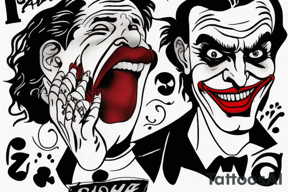 The face of the Joker, who has a sad expression, below it is a mirror image of the face of a cheerful Joker, who is holding three cards. At the bottom, the inscription No Pain no Gain tattoo idea