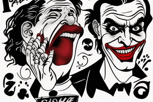 The face of the Joker, who has a sad expression, below it is a mirror image of the face of a cheerful Joker, who is holding three cards. At the bottom, the inscription No Pain no Gain tattoo idea