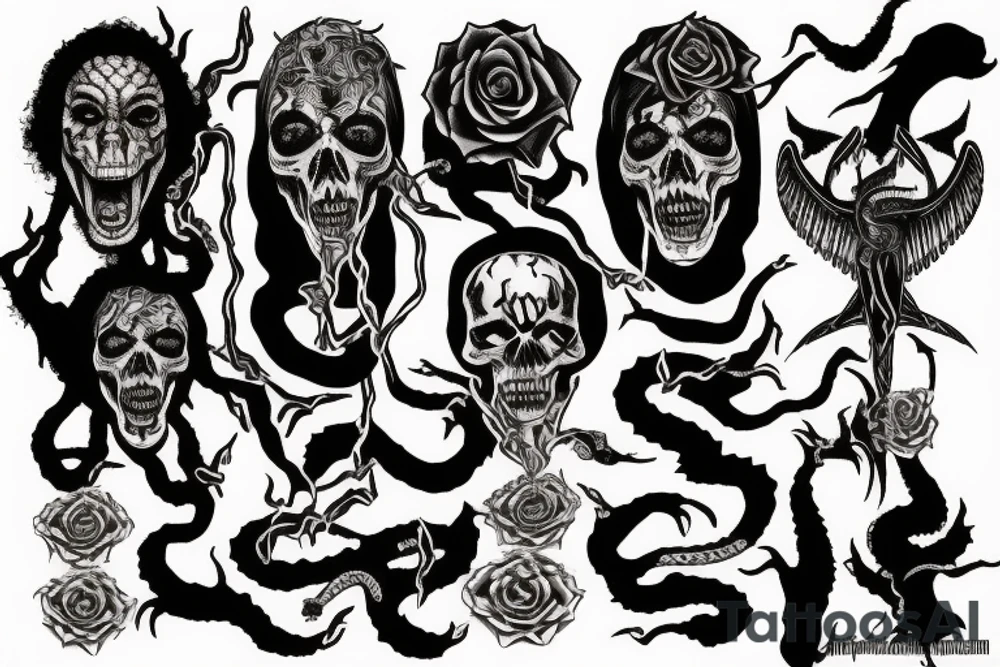 Death Eater Tattoo, Jimi Hendrix Flying V, Snakes, Roses tattoo idea