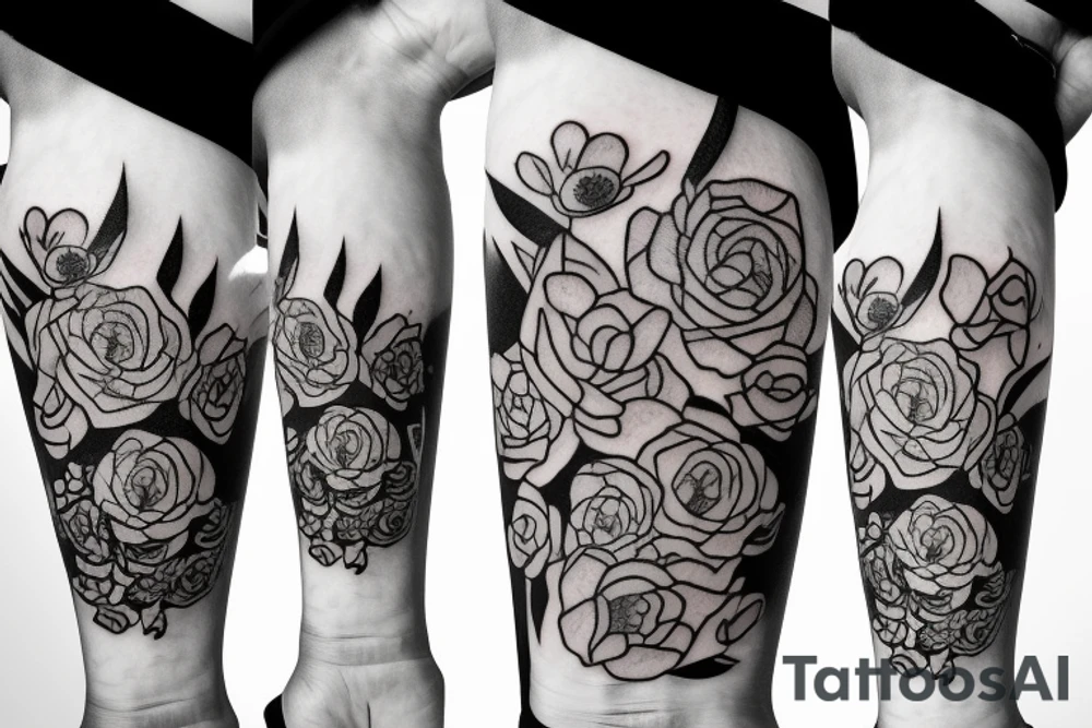 Bouquet of violets, roses, poppies, and water lily tattoo idea