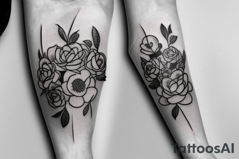 Bouquet of violets, roses, poppies, and water lily tattoo idea