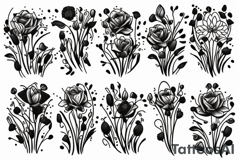 Fine Line
Bouquet of violets, roses, poppies, and water lily tattoo idea