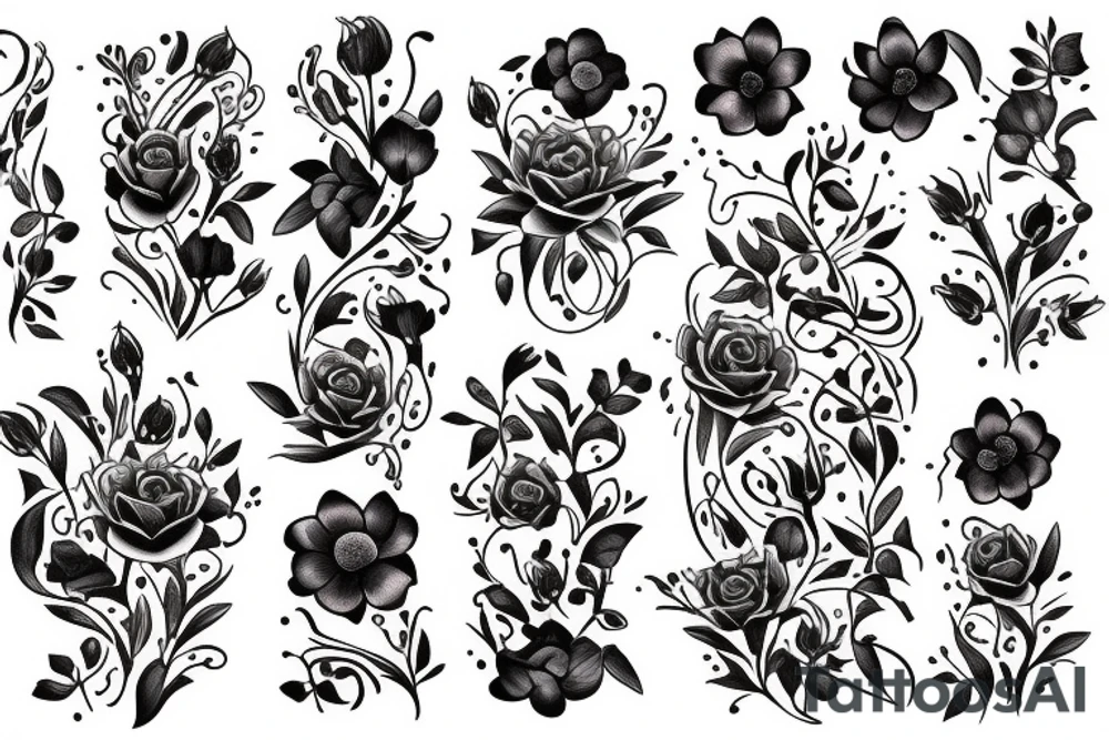Fine Line
Bouquet of violets, roses, poppies, and water lily tattoo idea