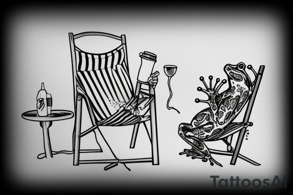 A frog drinking coke sitting on a beach chair tattoo idea
