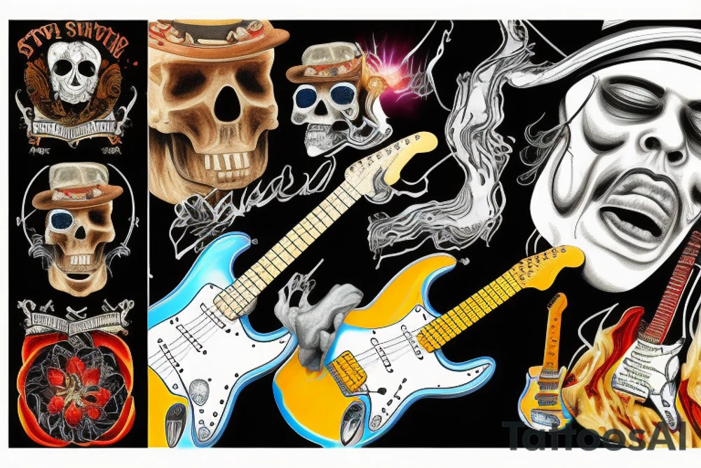 Stevie Ray Vaughan's Stratocaster bursting through the top of a skull tattoo idea
