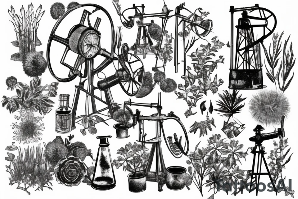 vintage oil well, overgrown and covered in plants, in the style of a vintage scientific drawing tattoo idea