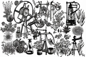 vintage oil well, overgrown and covered in plants, in the style of a vintage scientific drawing tattoo idea